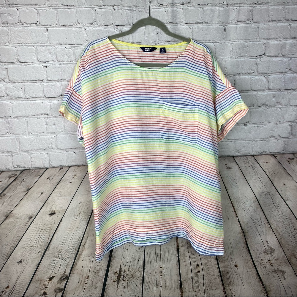 Lands End Womens Size Medium Rainbow Striped 100* Linen Short Sleeve Top LKNW